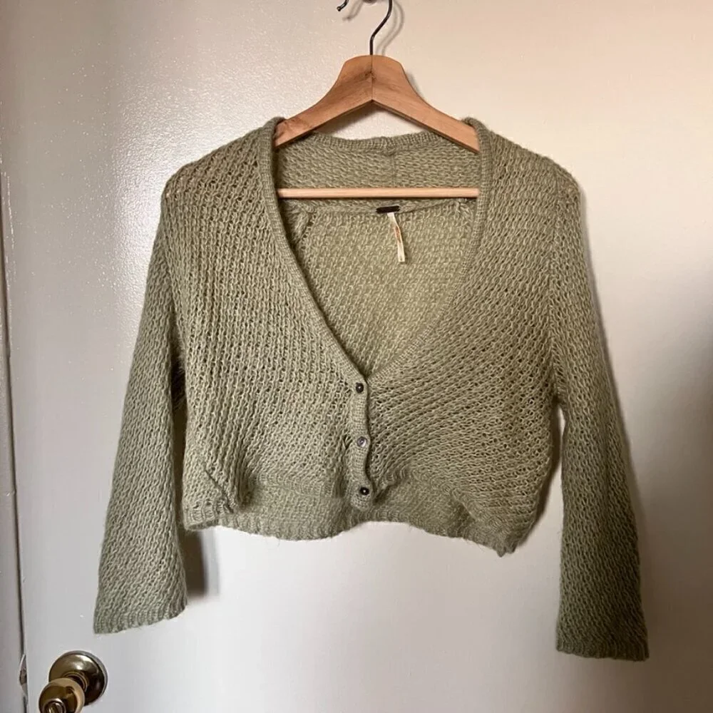 Free People Mint Green Mohair Blend Knit Crop Cardigan L​​​​​​​​​​​